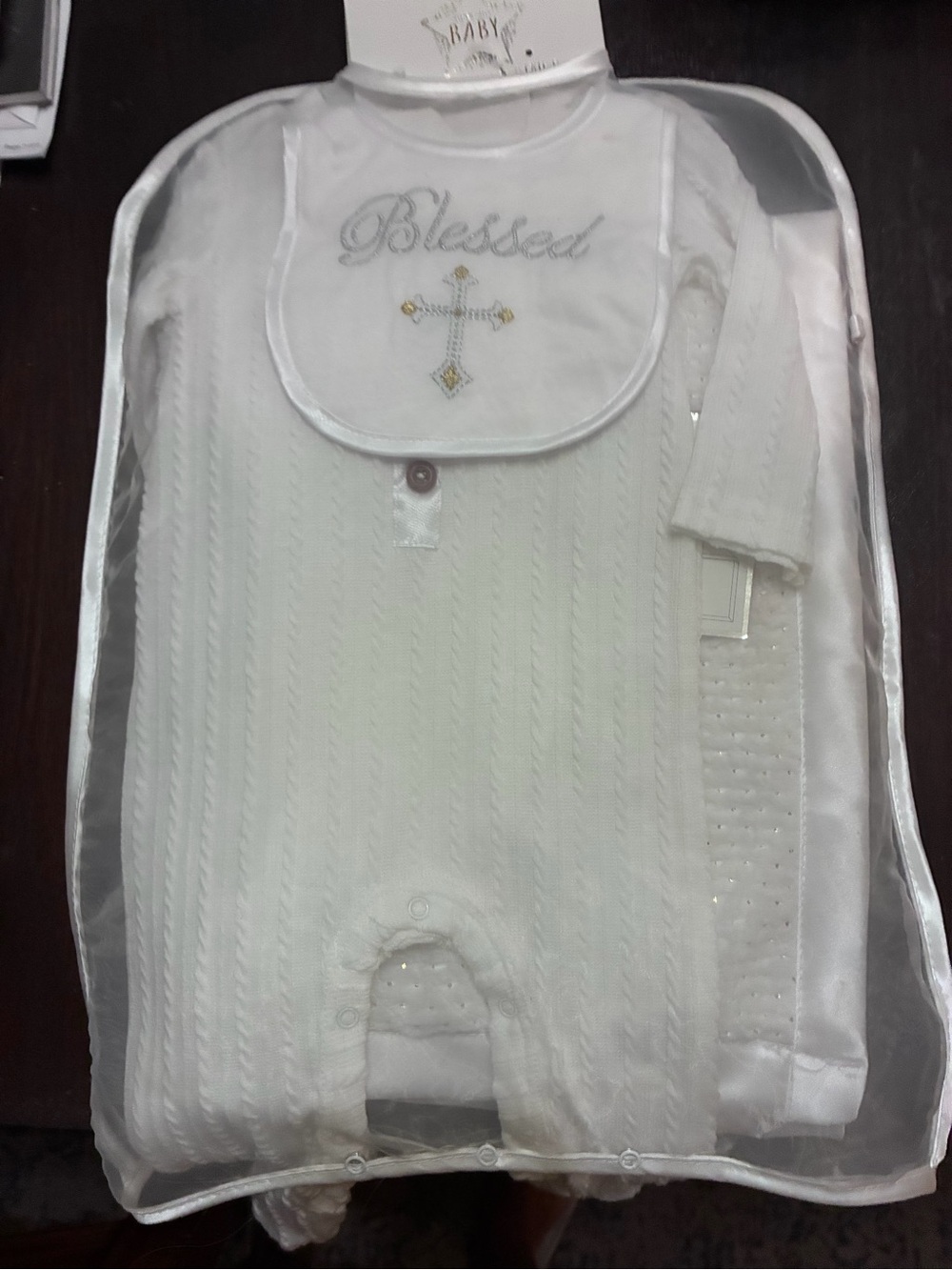 Baby 3pc Christening Onezie with 'Blessed' Bib - White Throw blanket